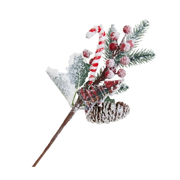 1 Pc Christmas Twig Pick with Candy Cane and Red Berries Artificial Cedar Pine Branch Christmas Tree Cuttings for Holiday Trees Decor, Wreaths, Garland, Mantel, Table Centerpiece