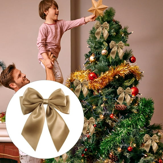 1 Pc Christmas Velvet Bows, Wide Decorative Christmas Bows for Wreath Garland Christmas Tree Decor, Indoor Outdoor Holiday Decorations, 4.13x5.11 Inch, Champagne Gold