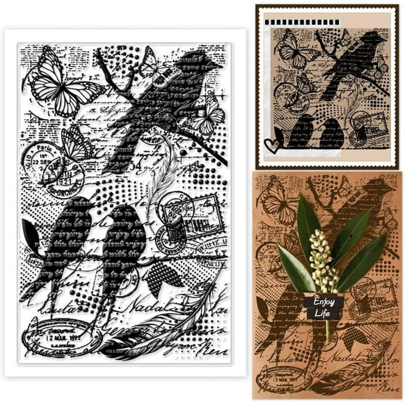 1 Pc Clear Stamp Vintage Birds Writing Texture Background Scrapbooking Stamps Silicone Transparent Seal Stamps for Card Making Decoration Embossing Album Decor DIY