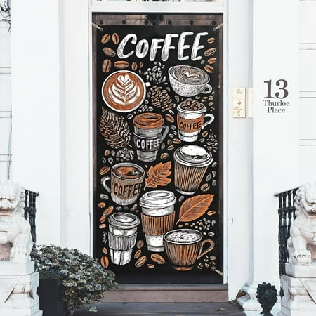 1 Pc Coffee Theme Polyester Door Cover Retro Cartoon Coffee Backdrop Banner Door Porch Sign otogray Background