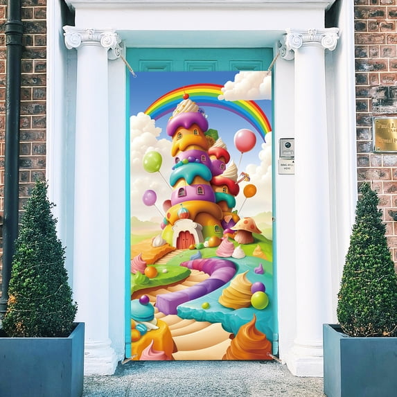 1 Pc Colorful Candyland Polyester Door Cover Ice Cream Biscuit House Backdrop Banner Door Porch Sign Photography Background