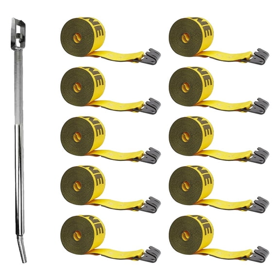 1 Pc Combination Winch Bar, Chrome, 10Pcs Kinedyne 4" x 30' Winch Strap with Flat Hook - Gold