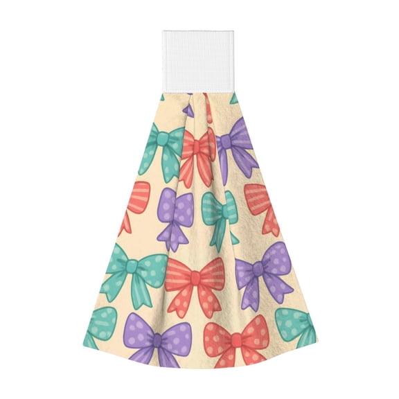 1 Pc Coral Fleece Hanging Hand Towel Quick Dry Absorbent Soft Dish Towel With Hook Loop Top For Kitchen Bathroom Car Bbq Outdoor Whimsical Polka Dot And Striped Ribbon Bow Pattern