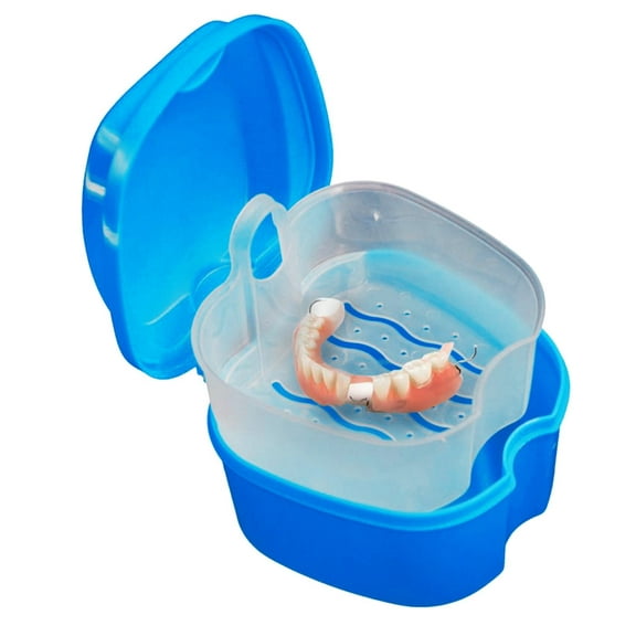 1 Pc Denture Case, Denture Cup with Strainer, Denture Bath Box False Teeth Storage Box with Basket Net Container Holder for Travel, Retainer Cleaning, Dark Blue