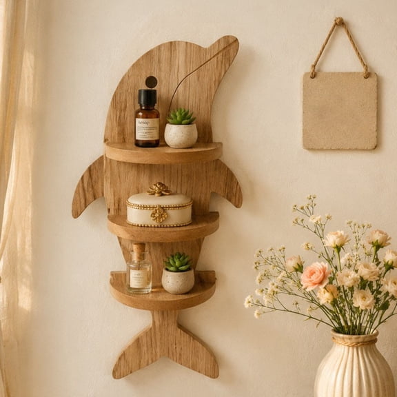 1 Pc Dolphin Shaped Wooden Wall Mount Floating Shelf, 3 Tier Decorative Display Rack