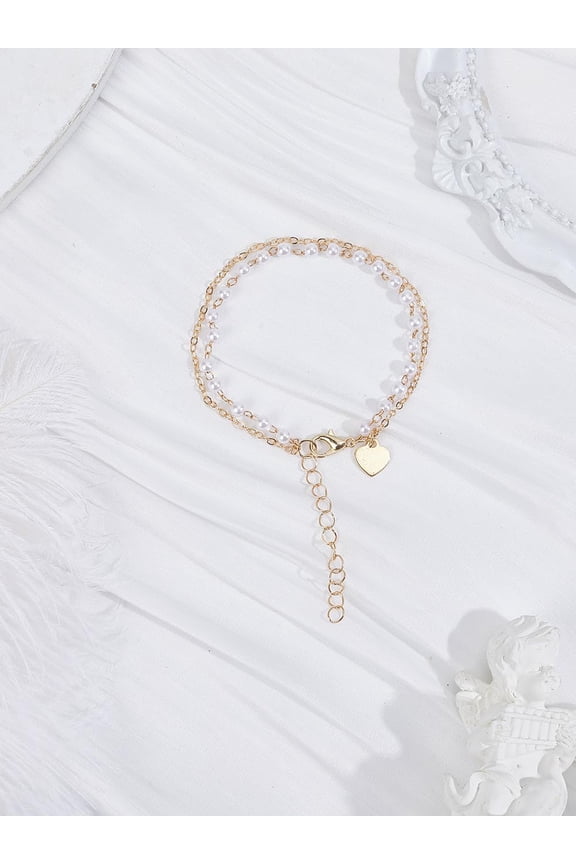 1 Pc Double Layer Charm Bracelets Cable Chain Bracelets Heart with Imitation Pearl Beads Stackable Wristband Set Fashion Statement Jewelry for Women Elegant Gifts