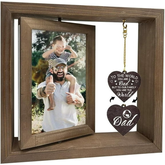 1 Pc Double Sided Rotating Picture Frame for Dad To Our Family You Are the World Wood Photo Frame with Heart Charms Memorial Gift for Father's Day Birthday Fits 4x6inch(10x15cm) in Photo DIY Making