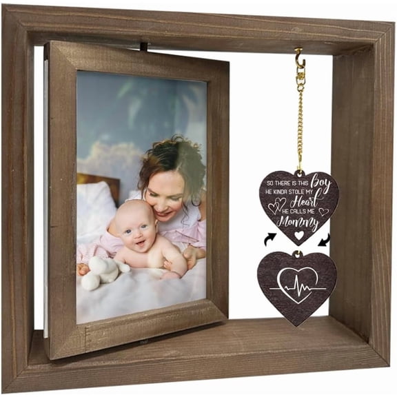 1 Pc Double Sided Rotating Picture Frame for Mom from Son He Calls Me Mommy Wood Photo Frame with Heart Charms Memorial Gift for Birthday Mother's Day Fits 4x6inch(10x15cm) in Photo 1pc