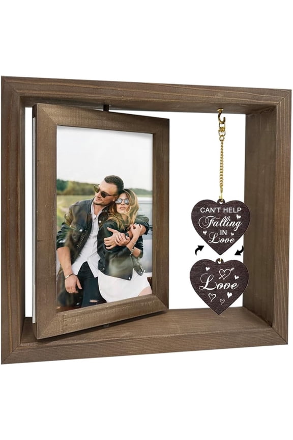 1 Pc Double Sided Rotating Picture Frame for Wedding Can't Help Falling in Love Wood Photo Frame with Heart Charms Engagement Married Gift for Couple Lover Fits 4x6inch(10x15cm) in Photo 1pc