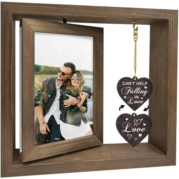 1 Pc Double Sided Rotating Picture Frame for Wedding Can't Help Falling in Love Wood Photo Frame with Heart Charms Engagement Married Gift for Couple Lover Fits 4x6inch(10x15cm) in Photo 1pc