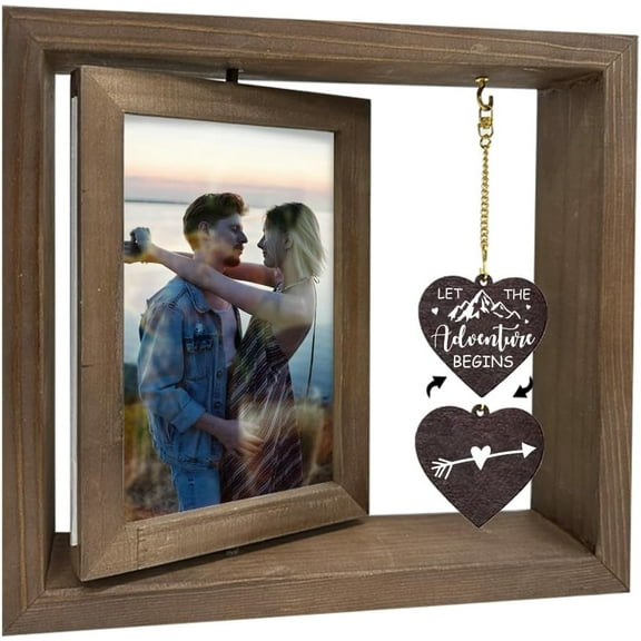 1 Pc Double Sided Rotating Picture Frame for Wedding Let the Adventure Begins Wood Photo Frame with Heart Charms Married Anniversary Gift for Wife Husband Fits 4x6inch(10x15cm) in Photo colorful DIY