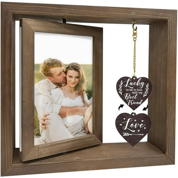 1 Pc Double Sided Rotating Picture Frame for Wedding Lucky to Be in Love Wood oto Frame with Heart Charms Engagement Anniversary Gift for Couple Lover Fits 4x6inch(10x15cm) in oto