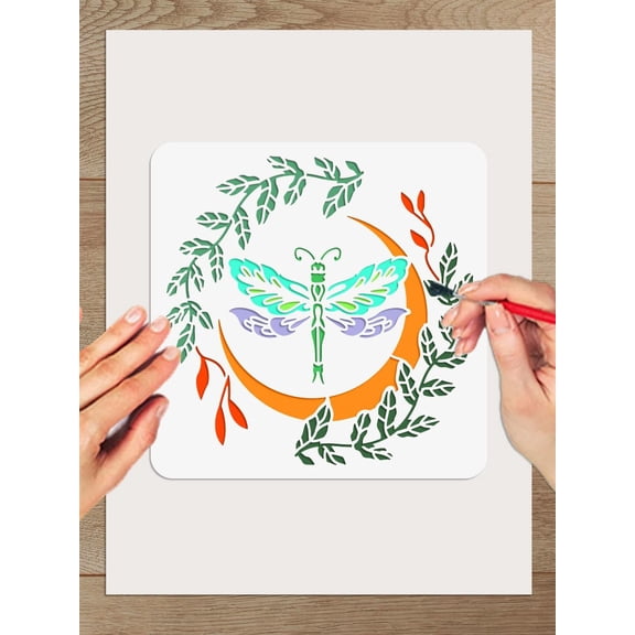 1 Pc Dragonfly Leaf Moon Stencil PET Hollow Out Drawing Painting Stencils for Greeting Card DIY Scrapbook Photo Album Painting on Wood Wall Fabric Home Decor 30x30cm