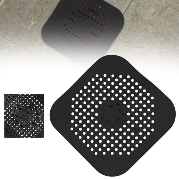 1 Pc Drain Hair Catcher Square Drain Cover Bathroom Accessories Shower Drain Protector Sink Drain Strainer Hair Stopper with Suction Cups for Shower Kitchen Bathroom Tub, 5.51"x5.51", Black