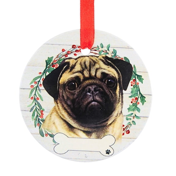 E & S Imports 3.50In Ceramic Pug Ornament, Ceramic, Dog Puppy Ribbon Cherish Pet 55031