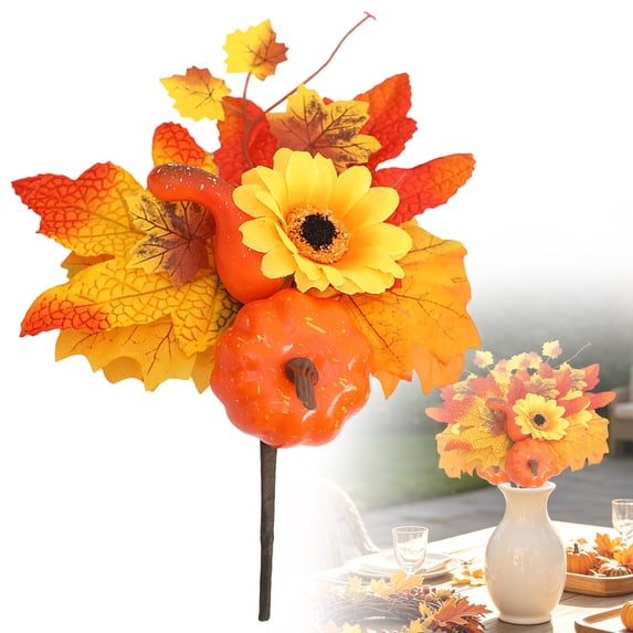 1 Pc Fall Floral Pick, Autumn Pumpkin Maple Leaf Stem, Artificial Fall Flower Pick for Harvest Halloween Thanksgiving Table Vase Home Decor, 9.84 x 7.87 in