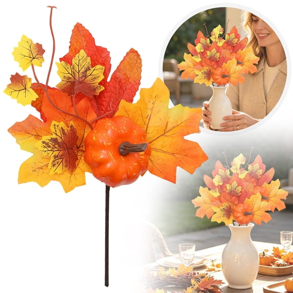 1 Pc Fall Floral Pick, Autumn Pumpkin Maple Leaf Stem, Artificial Harvest Decor for Table Centerpiece, Vase, Wreath, Halloween Thanksgiving Home Decorating, 9.84 x 7.87 in