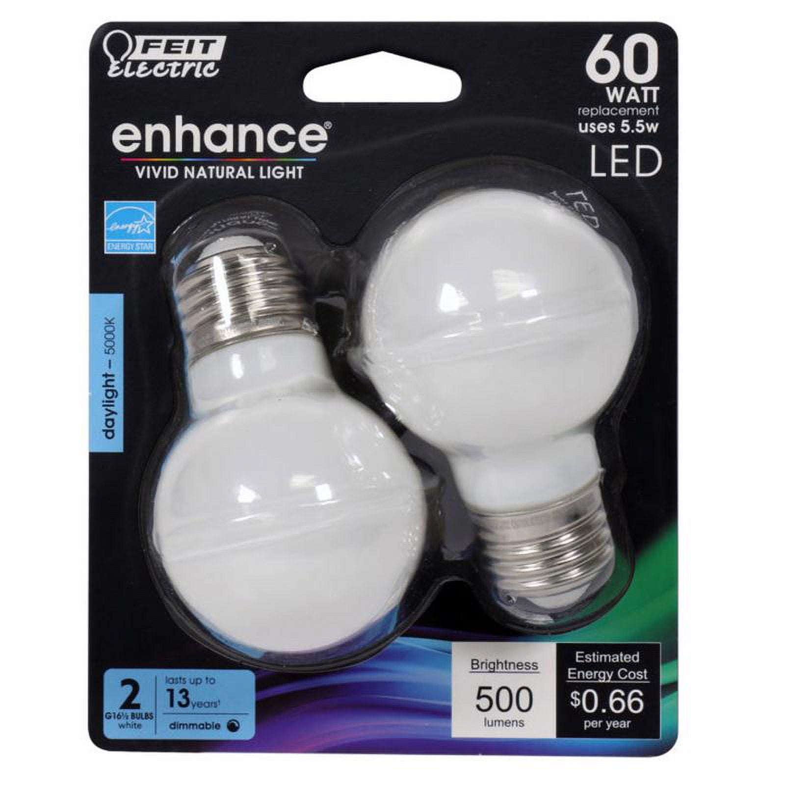 1 Pc, Feit Enhance G16.5 E26 (Medium) Filament Led Bulb Daylight 60 Watt Equivalence 2 Pk