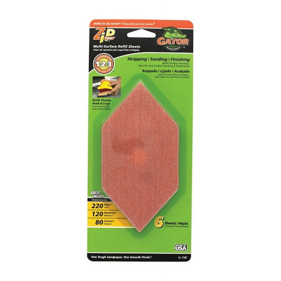 1 Pc, Gator Zip Sander 6 In. L X 3 In. W 80/120/220 Grit Aluminum Oxide Sanding Sheet 6 Pk