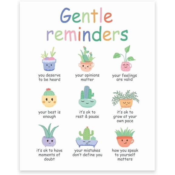 1 Pc Gentle Reminders Positive Affirmations Wall Decor Mental Health Wall Poster Cute Potted Plant Pictures Wall Art Unframed Positive Quotes Inspirational Print 13.78x11.02 Inch