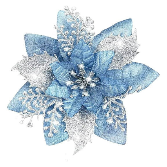 1 Pc Glitter Poinsettia Artificial Flowers Christmas with Clips Stems Xmas Tree Ornaments for Wedding Party Wreath Decoration, 5.7x5.7 Inch, Light Blue