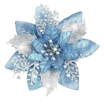 1 Pc Glitter Poinsettia Artificial Flowers Christmas with Clips Stems Xmas Tree Ornaments for Wedding Party Wreath Decoration, 5.7x5.7 Inch, Light Blue