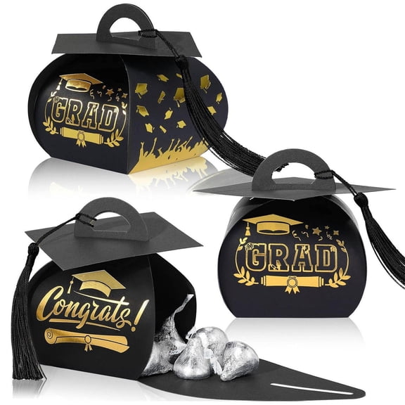 1 Pc Graduation Cap Gift Box Graduation Party Favors Candy Boxes Treat Box with Tassel Table Centerpieces Class of 2026 Grad Decorations(Black, Gold)