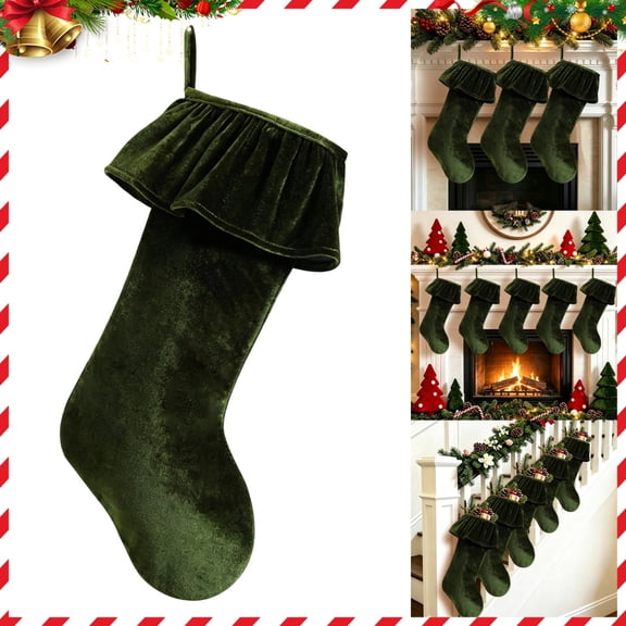 1 Pc Green Velvet Christmas Stocking with Ruffled Cuff Soft Plush Xmas Stocking Ruffled Edge Christmas Stocking Tree Ornament for Mantel Fireplace Xmas Tree Party, 18.9"x10.24", Green
