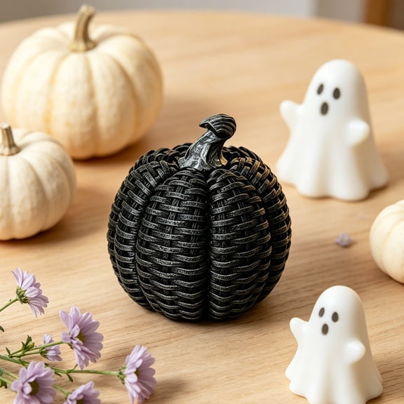 1 Pc Halloween Imitation Pumpkin Halloween Decoration Imitation Rattan Pumpkin Ornament Halloween Decor for Indoor Tabletop and Rustic Home Party, 4.5x3.9 Inch, Black
