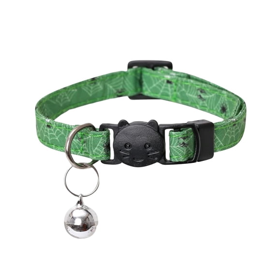 1‑Pc Halloween Printed Pet Collar with Bow & Bell, Green, 7‑11In Adjustable Detachable Polyester Collar for Cats Small Dogs