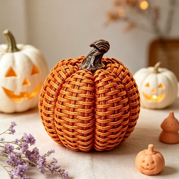 1 Pc Halloween Pumpkin Decor Imitation Rattan Halloween Pumpkin Decoration Imitation Rattan Woven Rope Pumpkin Halloween Decoration for Indoor Home Mantle Tabletop Decor, 4.5x3.9 Inch, Orange