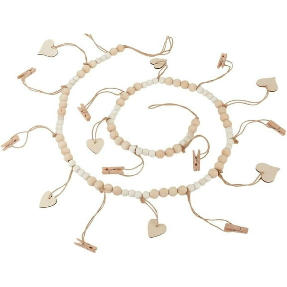 1 Pc Hanging Photo Display with 9 Clips Rustic Wooden Bead Garland Boho Style Collage Picture Frame for Ticket Note Photo Snack Bags Dorm Classroom Bedroom 55.1inch(1.4m) Beige Beige Wood