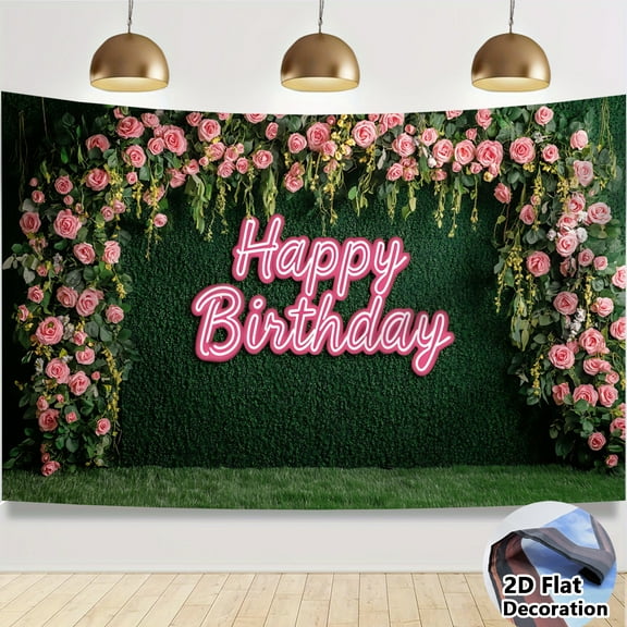 1 Pc Happy Birthday Backdrop for WomenGirls Flower Wall Pink RoseGreen Leaves Floral Blossom Botanical Plant Nature Photography Background Birthday Photo Studio Shoot Fabric 43.3*70.8in