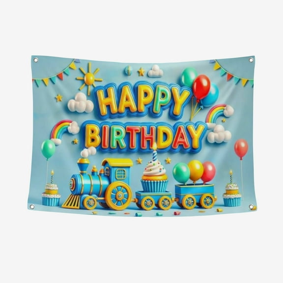 1 Pc Happy Birthday Banner With Cartoon Train & Balloon - Polyester Party Decor Backdrop, Multipurpose Photo Prop For Indoor & Outdoor, No Electricity Required, Suitable For All Occasions
