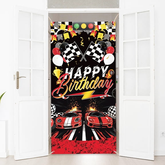 1 Pc Happy Birthday Polyester Door Cover Race Car Racing Ribbon Trophy Birthday Backdrop Banner Door Porch Sign Photography Background