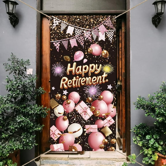 1 Pc Happy Retirement Door Banner Colorful Balloons Streamers Box Patterns Door Backdrops Patriotic Military Homecoming Army 35.4x72.8 inch