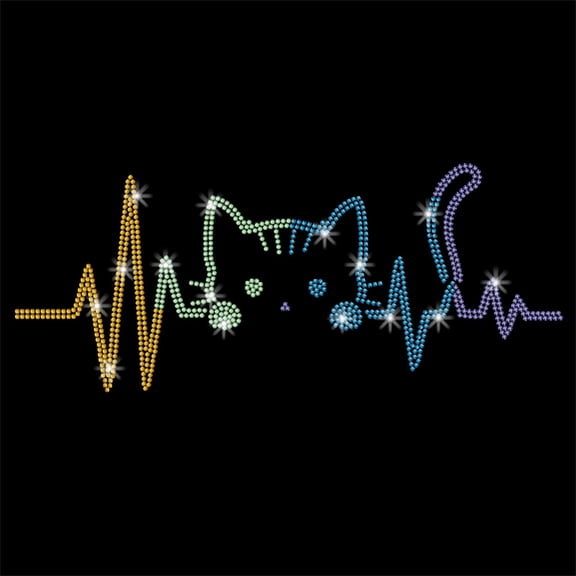 1 Pc Heartbeat Kitten Rhinestone Iron on Transfers Cat Bling Clothing Repair Applique Heat Transfer Patch for T-Shirt Clothing Pants Bags 12 x 8 Inch