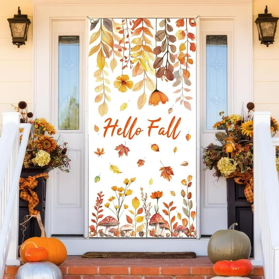 1 Pc Hello Autumn Theme Door Cover Welcoming Harvest Fall Autumn Leaves Door Decoration Thanksgiving Indoor and Outdoor Decoration Party Supplies 35.4x72.8 Inch