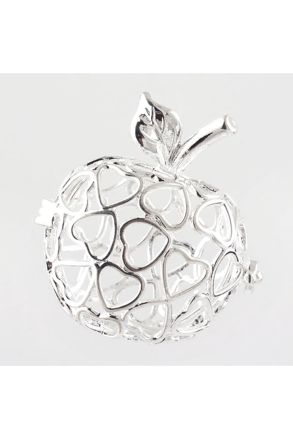 1 Pc Hollow Apples Cage Pendants Rack Plating Brass Cage Pendants Silver Color Plated for Necklace Bracelet Earring Making 32.5x30.5x22.5mm Hole: 4x6mm Inner Measure: 20x22mmSilver