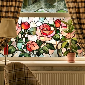1 Pc Home Furnishing Decoration PVC Stained Glass Covering Window Decoration Window Clings Rose Flowers PVC Material Sunflower Easy to Apply and Removable