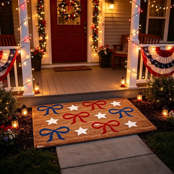 1 Pc Independence Day Door Mat Patriotic Welcome Non Slip Coir Mats 4th of July Bow Star Floor Layering Doormats Seasonal for Front Porch Entryway Decor (Bow)