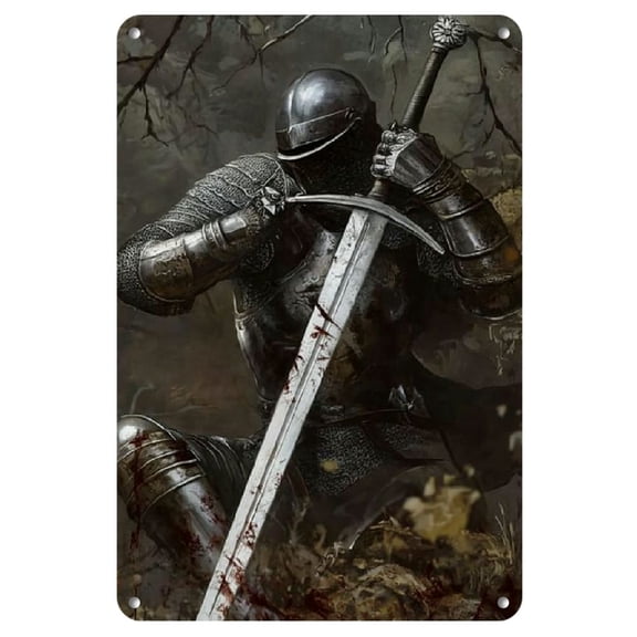 1 Pc Knight Battle Scene Metal Tin Sign, Iron Wall Art Decor for Home, Bar, Cafe - Pre-Drilled, Waterproof, Weather-Resistant, Indoor/Outdoor Vintage Poster, 8x12 inch
