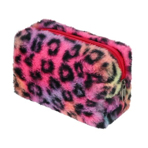 1 Pc Lady Durable Leopard Print Makeup Bag for Vacation Business Travel Rose Red Flannel