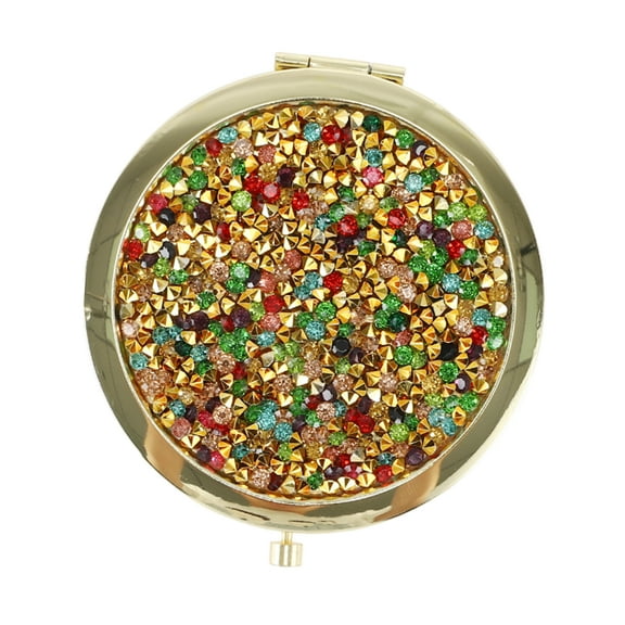 1 Pc Lady Rhinestones Travel Mirror Makeup Mirror for Business Travel Gold Tone Metal Glass