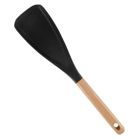 1 Pc 12.2" Large Cooking Spoons for Serving Nonstick Silicone Spoonula with Wooden Handle, Heat Resistant Rubber Serving Spatula Spoon for Baking,Scooping and Scraping, Black