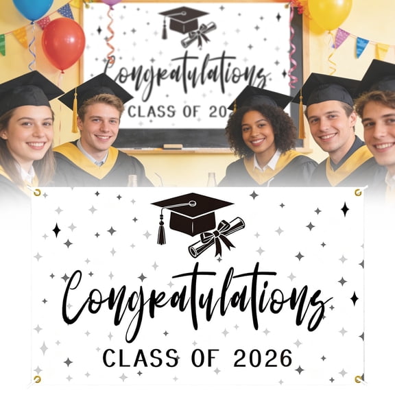 1 Pc Large Graduation Backdrop Banner 100x150cm, Class of 2026 Fabric Polyester Congats Grad Sign for High School College Party Photo Background, 100x150cm, Clearance White