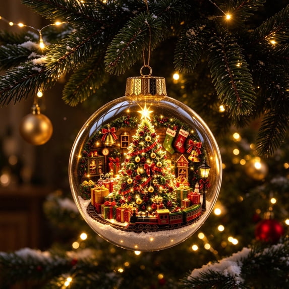 1 Pc Lighted Christmas Diorama Ornament, Clear Acrylic Story Ball with Warm LED, Holiday Tree Hanging Decor, Magical Xmas Gift 3.94in