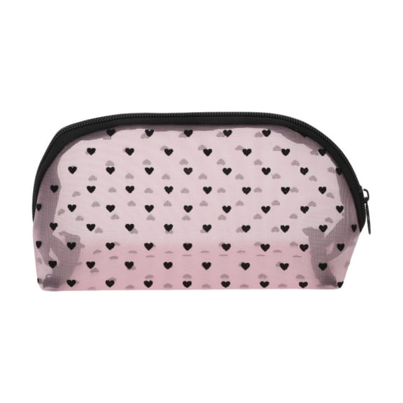 1 Pc Lightweight Heart Pattern Makeup Bag for Travel Pink Mesh Fabric