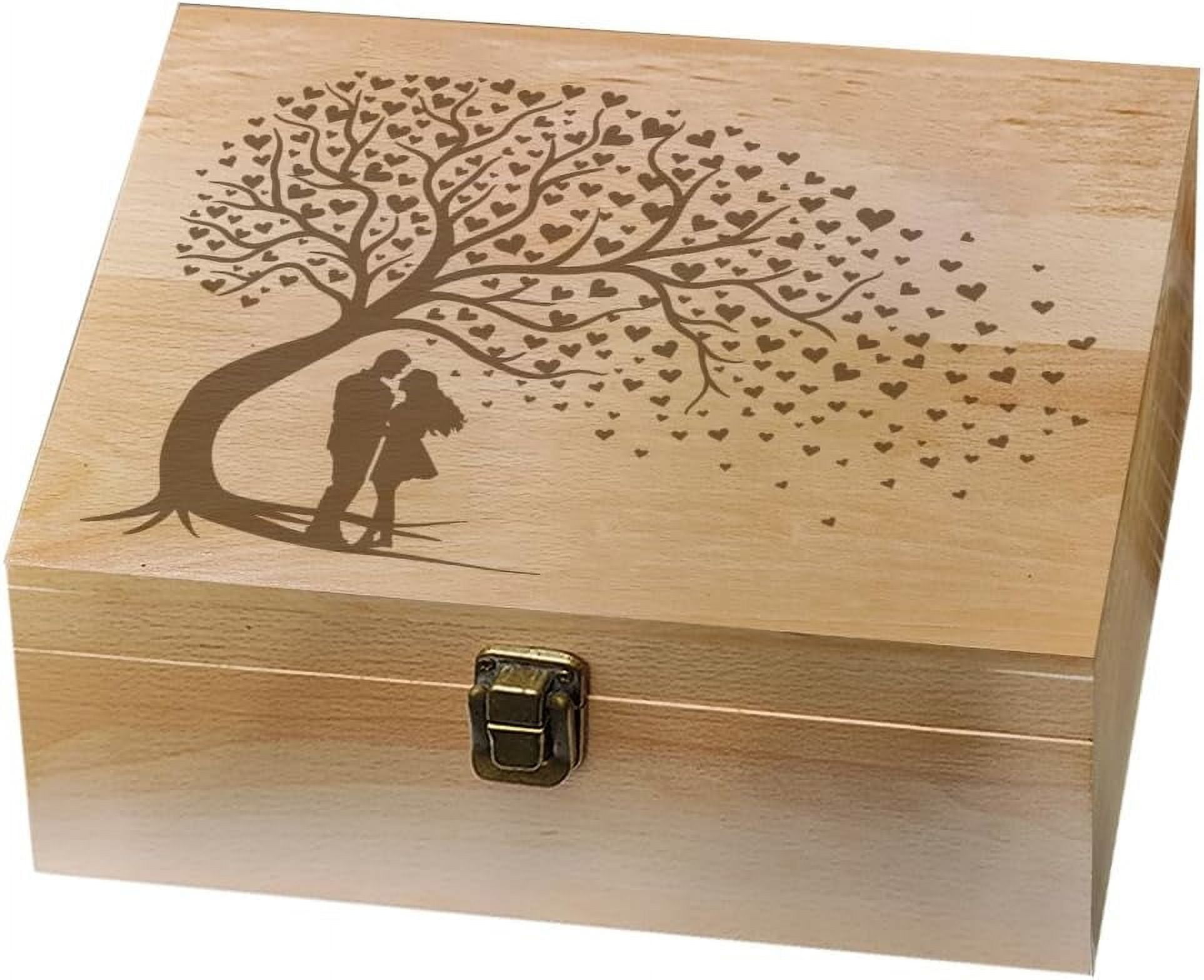 1 Pc Love Theme Wooden Memory Keepsake Box Hugged Couple Love Tree Box with Hinged Lid and Lock Storage Box Stash Box for Photo Letter Wedding Valentine 7.6x9.6x4inch(19.5x24.5x10.3cm) DIY