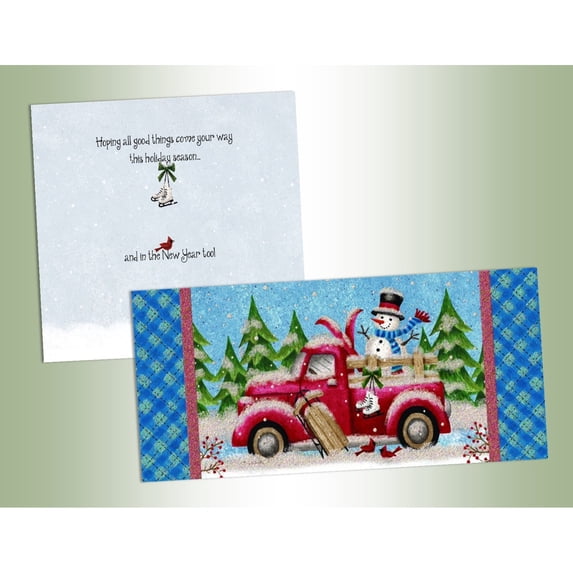 LPG Greetings Winter Truck and Snowman : Tina Wenke Box of 14 Long Glitter Christmas Cards